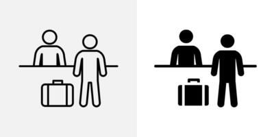 Checkin icon. Passenger standing at service counter with luggage illustration. Common in airport terminals and hotel receptions symbol. Travel registration and baggage drop-off pictogram. vector