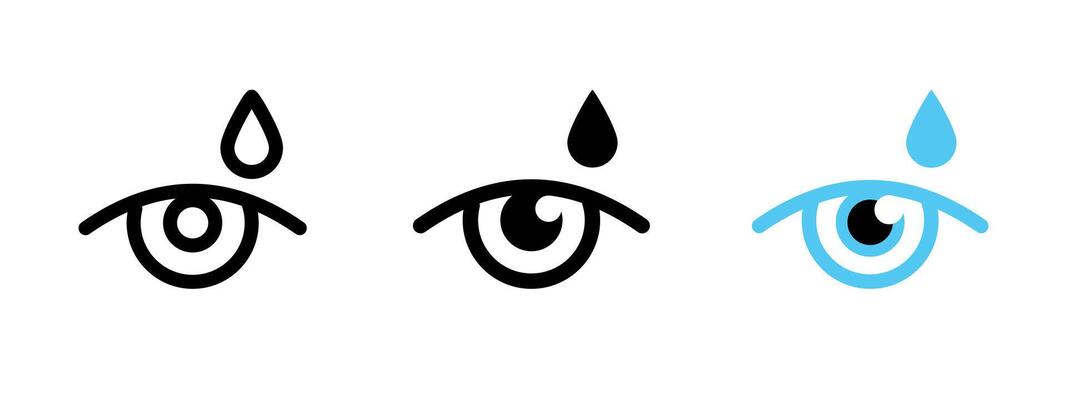 Eye drop icon. Human eye with water drop above symbolizing tear, eye drop, or liquid illustration. Suitable for medical, emotional, or vision-related concepts. Optical care and health sign.