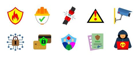 Security and protection icon set. Shield, surveillance camera, hacker and data lock illustration. Privacy safety concept. Encryption and firewall sign. Information guard colorful pictogram. vector