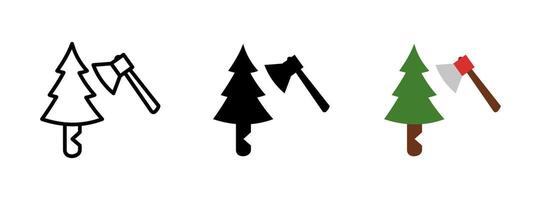 Deforestation icon. Conifer tree with an axe embedded in the trunk illustration. Symbol of tree cutting and forest removal. Environmental damage and logging activity pictogram. vector