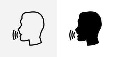 Speech icon. Human profile emitting sound waves from mouth illustration. Symbol of communication and voice interaction. Audio message and speaking activity sign. Media and sound pictogram. vector