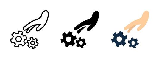 Settings icon. Human hand adjusting mechanical gears illustration. Represents control, customization, and system configuration. Symbol of engineering, maintenance, and automation. vector