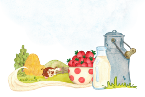 Vide pour une étiquette de une laitier produit avec fraise saveur. une mignonne vache sauter sur le des champs, suivant à il une peut, une bouteille de Lait et une tasse avec des fraises. aquarelle illustration, dessiné à la main png