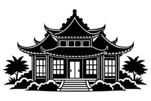 Serene Black and White Illustration of a Traditional Chinese Pagoda in a Lush Garden Setting vector
