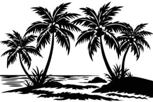 Serene Black and White Illustration of Palm Trees on a Tropical Beach, Evoking a Peaceful and Tranquil Mood vector