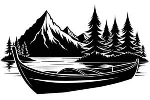 Serene Black and White Illustration of a Canoe on a Calm Lake, Majestic Mountains, and Lush Pine Trees in the Background vector
