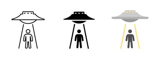 Ufo icon. Flying saucer abducting human figure with light beam illustration. Alien spaceship and extraterrestrial contact symbol. Sci-fi abduction and paranormal encounter sign. Alien pictogram vector