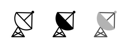 Satellite icon. Parabolic antenna dish on tripod tower structure . Used for communication, signal reception and data transmission symbol. Radar, broadcast and wireless tech pictogram. vector