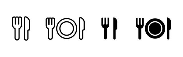 Fork and knife icon. Cutlery set with optional plate for table setting illustration. Dining utensils symbol. Common sign for restaurants, meals, and food service pictogram. vector