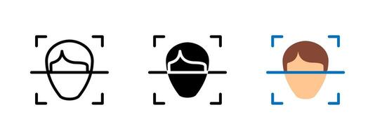 Face recognition icon. Human head scanned inside detection frame illustration. Used for biometric authentication and security verification symbol. Identity access sign. Digital login pictogram. vector