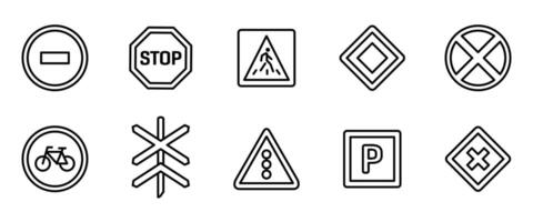 Road signs line icon set. Pedestrian crosswalk, stop, railway crossing and main route illustration collection. Directive, caution and alert pictogram. Highway traffic control outline symbols. vector