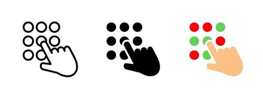 Keypad icon. Finger pressing button on code panel illustration. Secure access input method symbol. Used for unlocking doors and entering PINs on digital security systems sign. vector