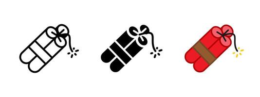 Dynamite icon. Bundle of explosive sticks tied with fuse and sparkling ignition illustration. Symbol of danger, destruction, and countdown mechanism sign. Weapon and threat warning pictogram. vector