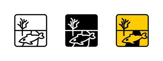 Pollution hazard sign icon. Dead fish floating in contaminated water indicating environmental hazard illustration. Symbol of ecological disaster and toxic contamination sign. vector
