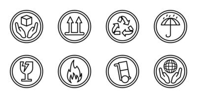 Package labels icon set. Fragile, handle with care and this side up outline symbols. Shipping and delivery illustration. Logistics and storage concept sign. Parcel handling line pictogram. vector