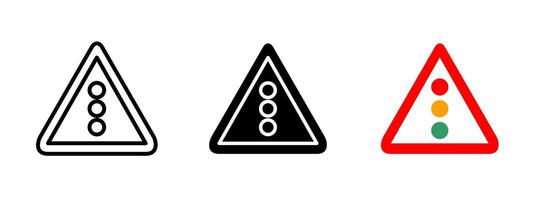 Traffic lights sign icon. Triangular warning sign with vertical traffic light illustration. Indicates upcoming signalized intersection symbol. Used for road safety and driver alert sign. vector