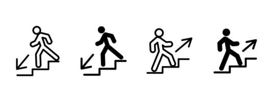 Stairs direction icon. Person walking up and down stairs with directional arrows illustration. Step navigation and movement indication symbol. Entrance, exit and alert guidance pictogram. vector