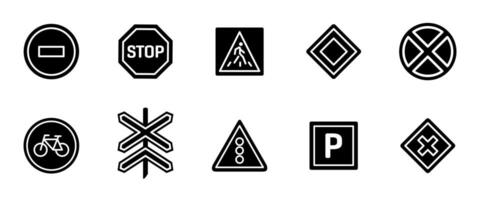 Road signs black icon set. Pedestrian crosswalk, stop, railway crossing and main route illustration collection. Directive, caution and alert pictogram. Highway traffic control glyph symbols. vector