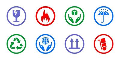 Package labels icon set. Fragile, handle with care and this side up colored symbols. Shipping and delivery illustration. Logistics and storage concept sign. Parcel handling colorful pictogram. vector