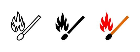 Match icon. Burning matchstick with rising flame illustration. Tool for ignition in fire-starting or lighting contexts. Symbol of heat, combustion and emergency fire source pictogram. vector