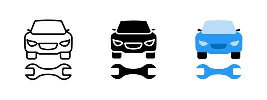 Car service icon. Front view of a car with wrench symbol below illustration. Auto repair and maintenance service symbol. Vehicle diagnostics and mechanical support sign. Workshop fix pictogram. vector
