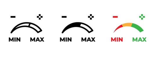Indicator gauge icon. Semicircular scale with needle pointing between min and max illustration. Used in dashboards, performance or energy level display symbol. Measurement tool pictogram. vector