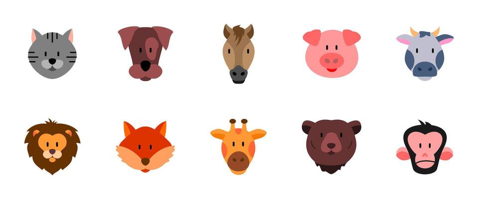Cute cartoon animal faces icon set. Cat, dog, horse, pig and cow domestic pets symbols. Lion, fox, bear and monkey wildlife creatures illustration. Forest or zoo animal heads colored collection