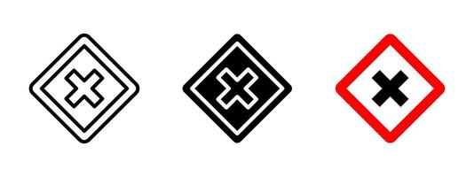 Cross sign icon. Black X symbol inside a red diamond frame illustration. Used as a warning or prohibition sign in traffic and safety contexts symbol. Alert and restriction pictogram. vector