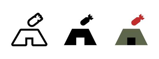 Bomb shelter icon. Protective bunker structure with falling bomb symbol illustration. Emergency defense space during airstrikes or explosions pictogram. Military safety zone concept. vector