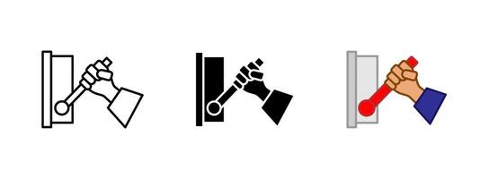 Lever icon. Human hand gripping and pulling a mechanical control lever illustration. Emergency power shut-off or machinery activation symbol. Manual control action sign. Safety tool pictogram. vector