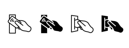 Payment icon. Hand holding card or coin to make contactless transaction on terminal illustration. Digital wallet and modern checkout symbol. Finance and retail scan system sign pictogram. vector