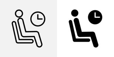 Waiting icon. Person sitting on chair next to a clock illustration. Represents waiting time in airport terminals or public spaces symbol. Useful for schedules and delay signs pictogram. vector