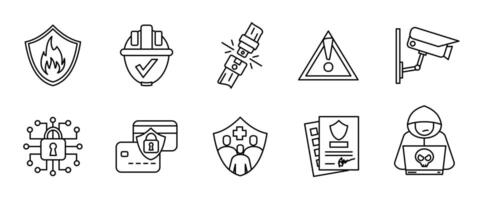 Security and protection icon set. Shield, surveillance camera, hacker and data lock illustration. Privacy safety concept. Encryption and firewall line sign. Information guard outline pictogram. vector