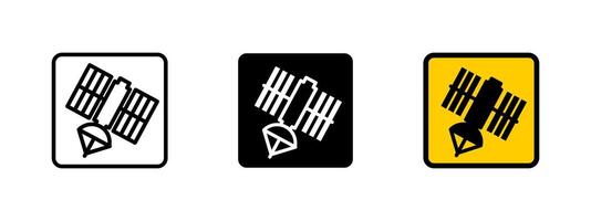 Satellite icon. Orbital device with extended antenna and solar panels illustration. Represents space communication and data transmission symbol. GPS navigation and broadcast sign. vector