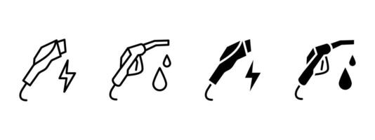 Fuel icon. Gasoline and electric charging nozzles with droplet and lightning symbols illustration. Vehicle energy source and hybrid refueling concept sign. Gas station service pictogram. vector