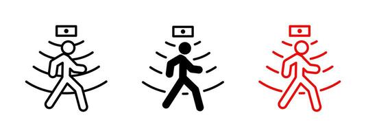 Motion sensor icon. Person walking under active detection field with signal waves illustration. Surveillance and automation sensor response symbol. Infrared presence detection sign. vector