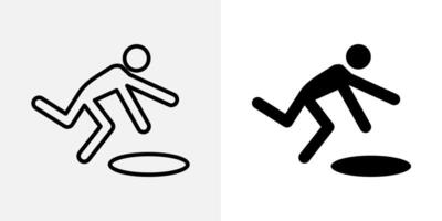 Falling danger icon. Person stumbling and falling into a hole illustration. Warning sign about potential hazard or unsafe surface symbol. Accident prevention and safety alert sign. vector