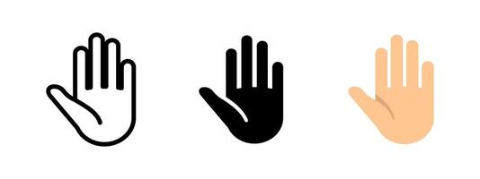 Hand icon. Raised palm with spread fingers illustration. Gesture for stop, attention or warning symbol. Universal sign for safety, alert or interaction gesture. vector