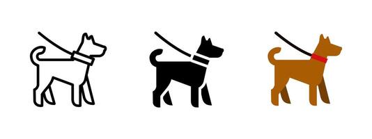 Dog icon. Standing dog on a leash with collar illustration. Symbol of pet walking, obedience or domestic animal handling sign. Suitable for parks or public area pictogram. vector