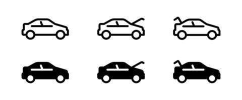 Car icon. Side view of sedan variations including open hood and trunk illustration. Vehicle alert or maintenance check symbol. Engine access or cargo hatch sign. Automotive status pictogram. vector