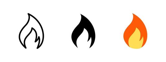 Fire icon. Simplified flame shape with curved pointed tip illustration. Represents heat, burning or energy source symbol. Used in hazard warnings and emergency alerts sign. Flame pictogram. vector