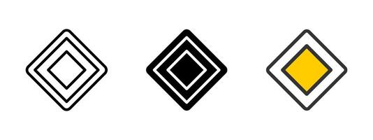 Priority road icon. Diamond-shaped traffic sign with central yellow square illustration. Indicates main road and right of way symbol. Used in navigation and traffic regulation sign. vector