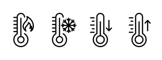 Temperature icon. Thermometer with flame, snowflake, arrows illustration. Weather forecast and climate control symbol. Hot and cold temperature fluctuation sign. Degree measurement pictogram vector