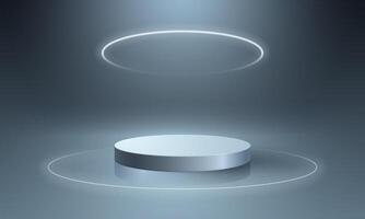 Empty round podium on dark blue background with neon effects and reflections. Modern technological design concept. vector
