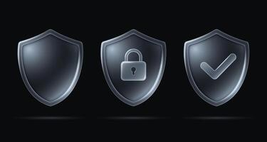 Security shield signs with lock and check mark, safety and protection symbols in glass liquid style isolated on dark background. vector