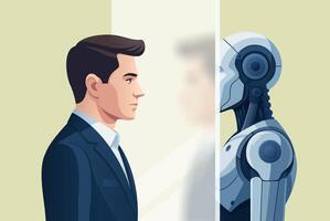 Man opposite robot with artificial intelligence. Concept of personality dissolution and disappearance due to AI. vector