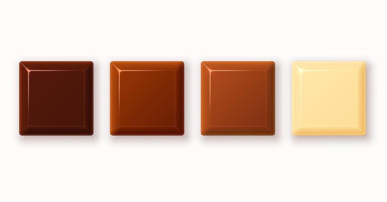 Set of square chocolate pieces of dark black, bitter, milk and white chocolate.