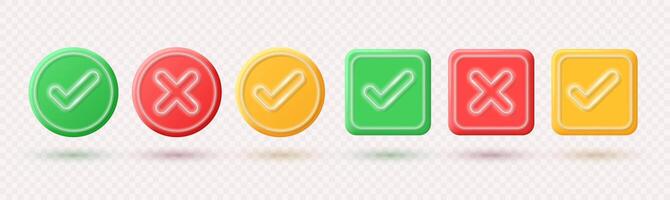 Realistic check mark and cross icons of round and square shapes in 3D style with neon elements. vector