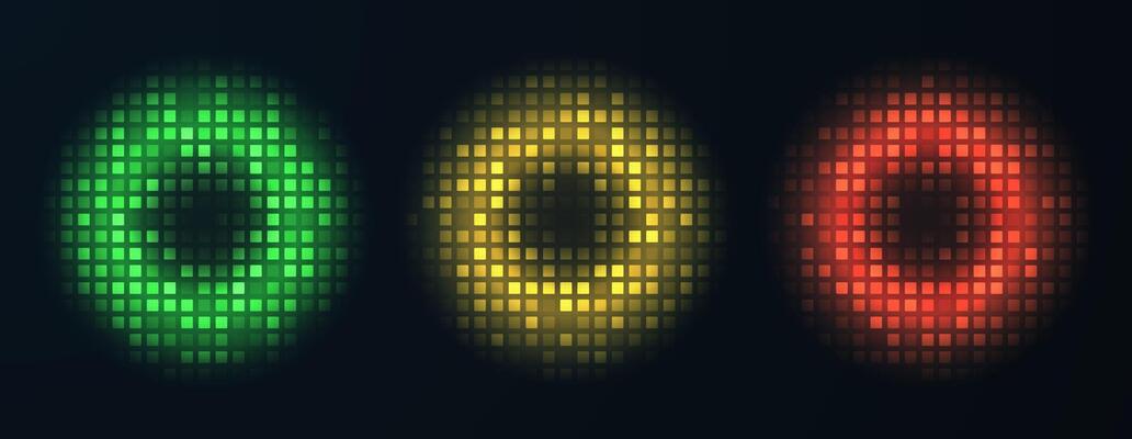 Collection of round glowing bright circles consisting of square mesh elements isolated on dark background.