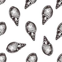 Hand drawn vintage seamless pattern of oval seashell with spiral tip in brown ink marine engraving style vector